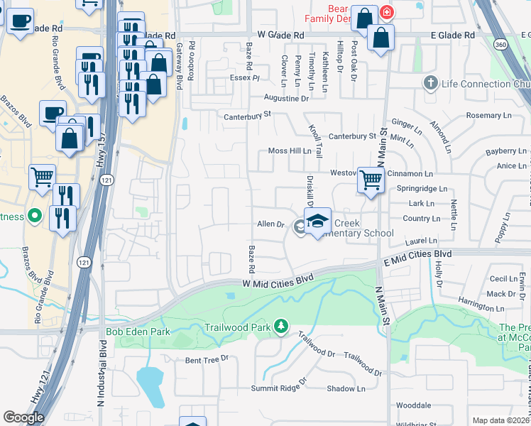map of restaurants, bars, coffee shops, grocery stores, and more near 506 Cherry Ann Drive in Euless