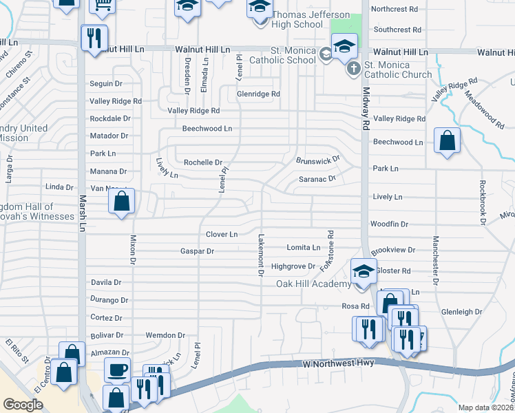 map of restaurants, bars, coffee shops, grocery stores, and more near 9562 Lakemont Drive in Dallas