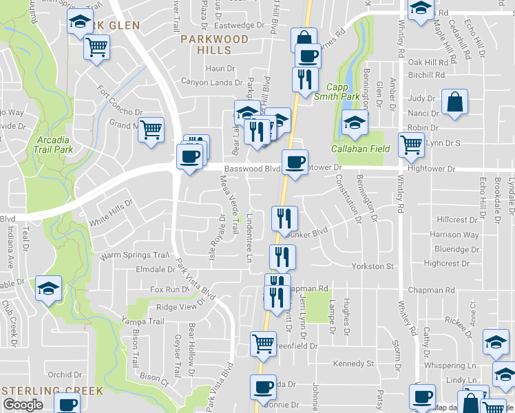 map of restaurants, bars, coffee shops, grocery stores, and more near 7398 Starwood Drive in Fort Worth