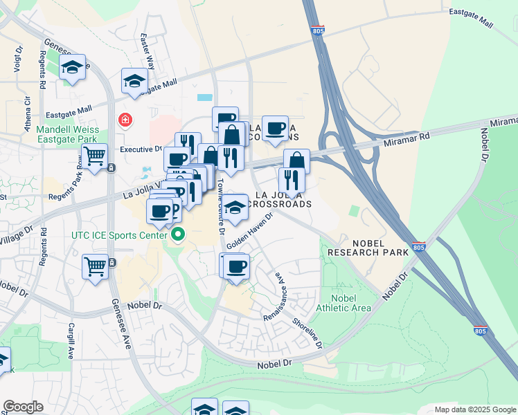 map of restaurants, bars, coffee shops, grocery stores, and more near 9120 Judicial Drive in San Diego