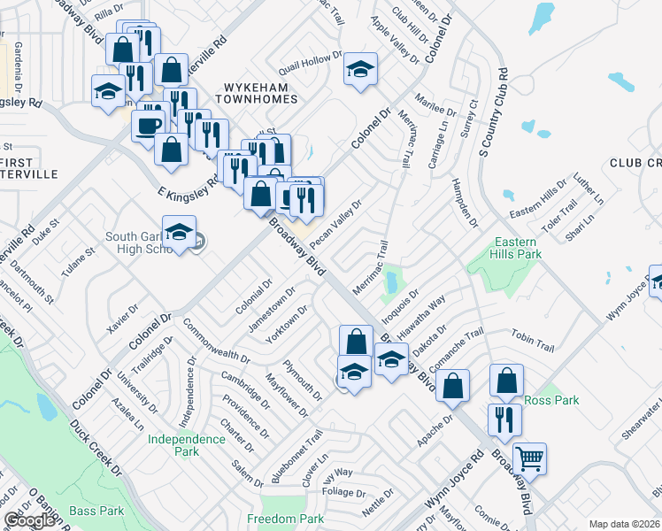 map of restaurants, bars, coffee shops, grocery stores, and more near 1154 Garden Gate Cir in Garland