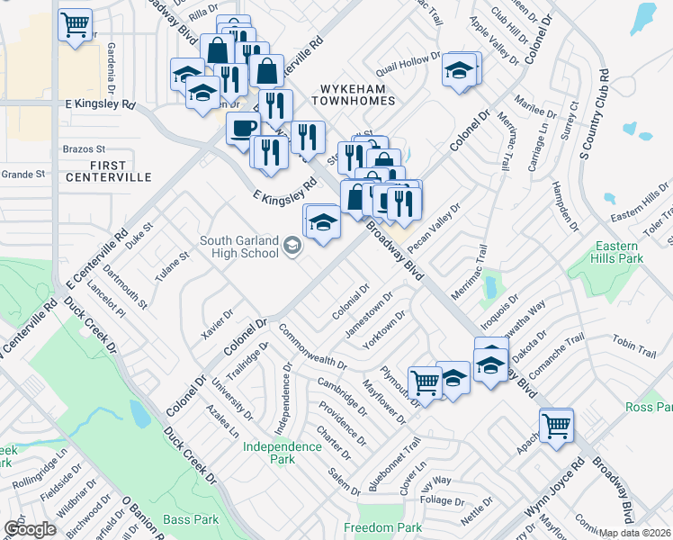 map of restaurants, bars, coffee shops, grocery stores, and more near 600 Colonel Drive in Garland