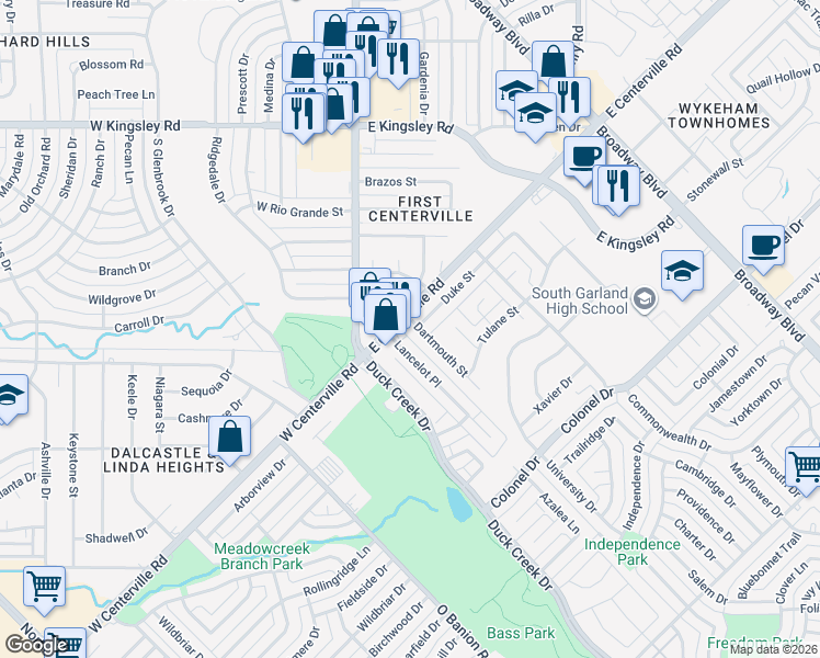 map of restaurants, bars, coffee shops, grocery stores, and more near 201 Duke Street in Garland