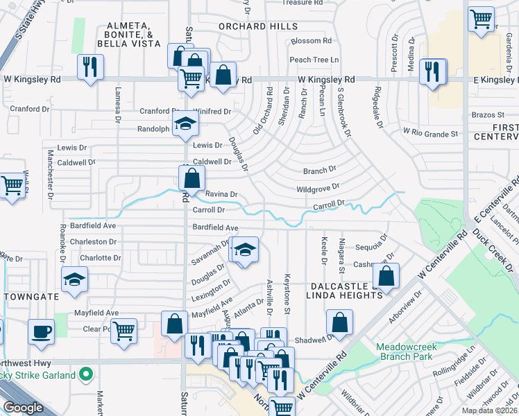 map of restaurants, bars, coffee shops, grocery stores, and more near 3621 Douglas Drive in Garland