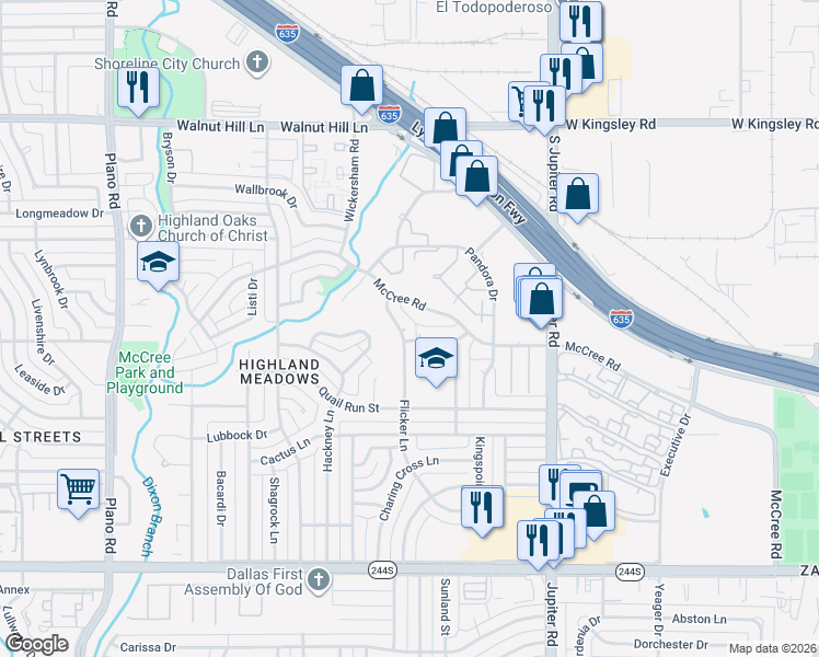 map of restaurants, bars, coffee shops, grocery stores, and more near 11236 McCree Road in Dallas