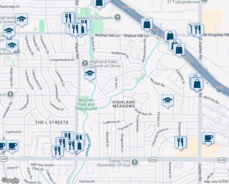 map of restaurants, bars, coffee shops, grocery stores, and more near 11002 Listi Drive in Dallas