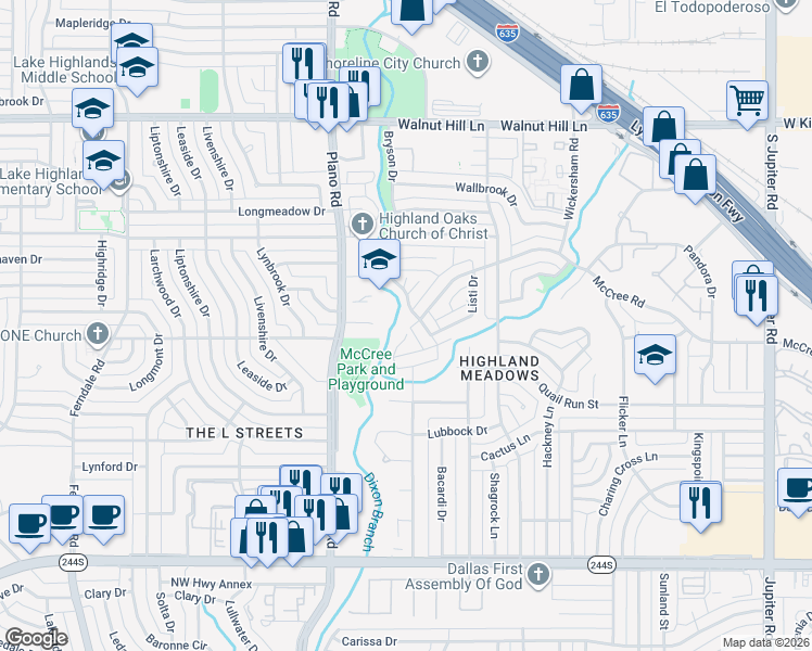 map of restaurants, bars, coffee shops, grocery stores, and more near 9109 Bryson Drive in Dallas