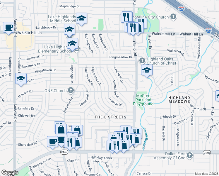 map of restaurants, bars, coffee shops, grocery stores, and more near 9125 Livenshire Drive in Dallas