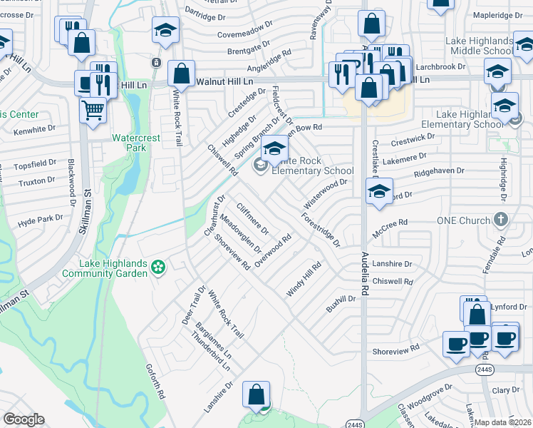 map of restaurants, bars, coffee shops, grocery stores, and more near 9236 Chiswell Road in Dallas