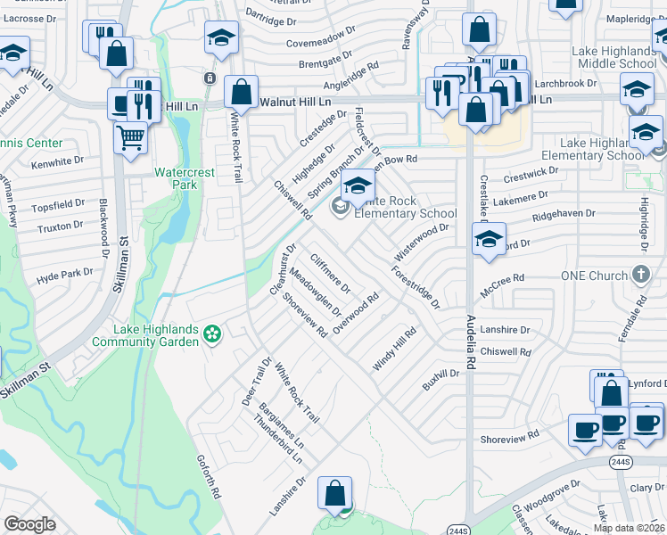 map of restaurants, bars, coffee shops, grocery stores, and more near 9236 Chiswell Road in Dallas
