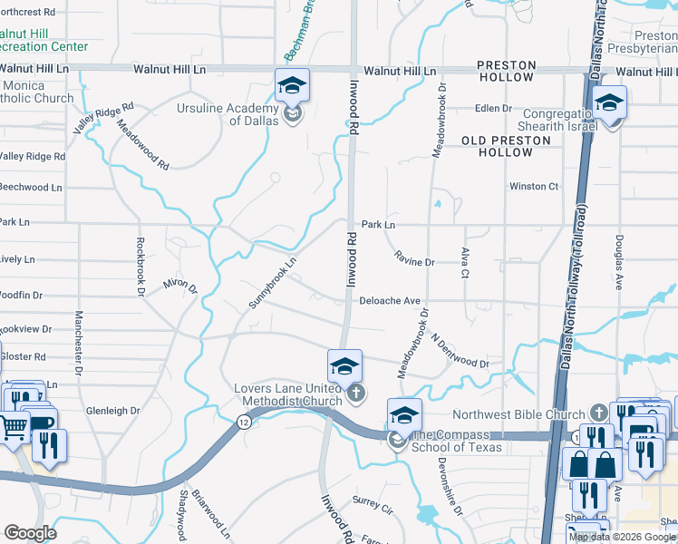map of restaurants, bars, coffee shops, grocery stores, and more near 9505 Inwood Road in Dallas