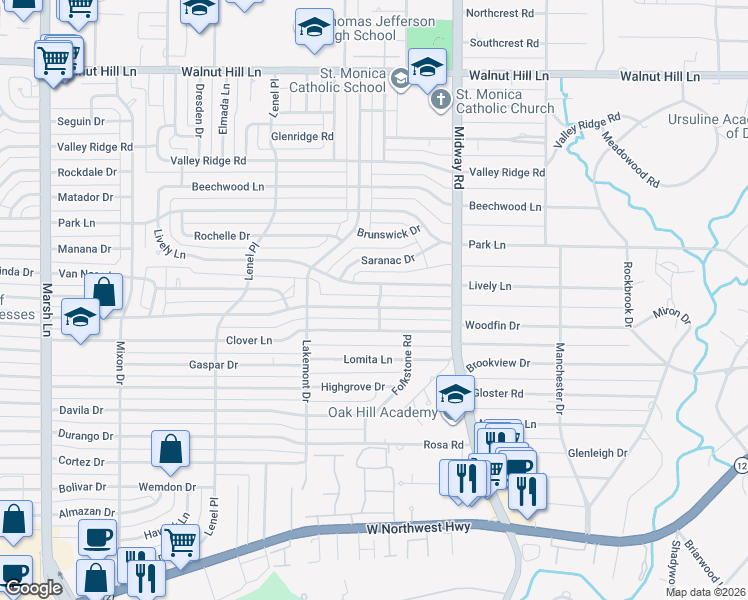 map of restaurants, bars, coffee shops, grocery stores, and more near 4144 Lively Lane in Dallas
