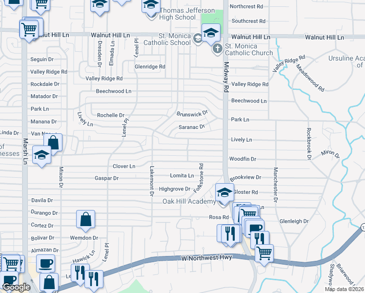 map of restaurants, bars, coffee shops, grocery stores, and more near 4112 Lively Lane in Dallas