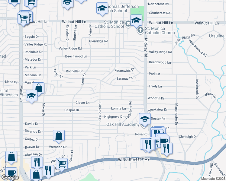 map of restaurants, bars, coffee shops, grocery stores, and more near 4112 Lively Lane in Dallas