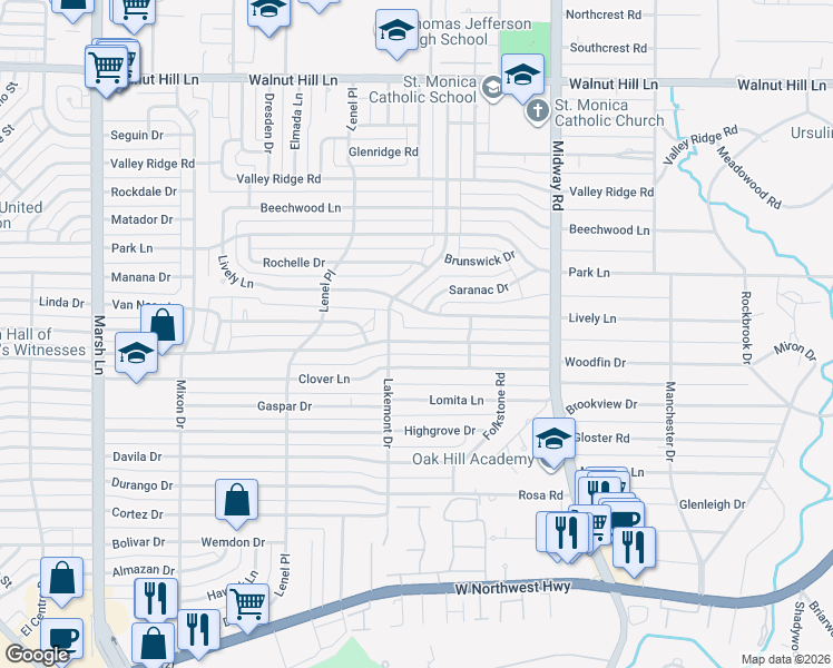 map of restaurants, bars, coffee shops, grocery stores, and more near 9562 Lakemont Drive in Dallas