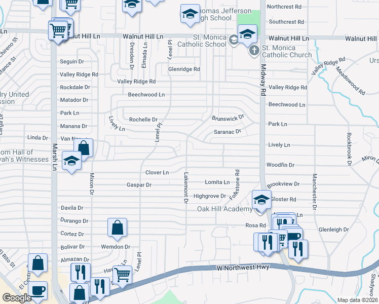 map of restaurants, bars, coffee shops, grocery stores, and more near 9562 Lakemont Drive in Dallas