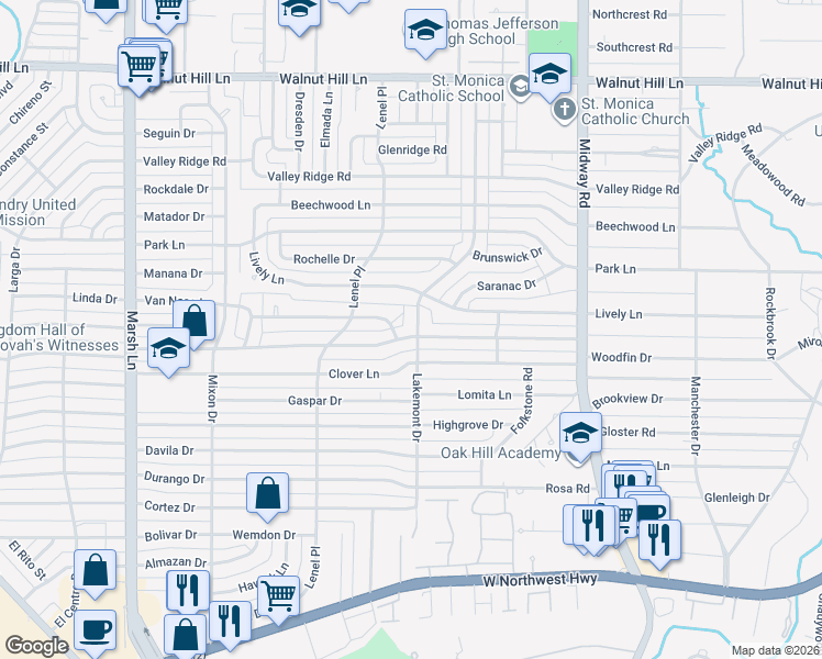 map of restaurants, bars, coffee shops, grocery stores, and more near 9562 Lakemont Drive in Dallas