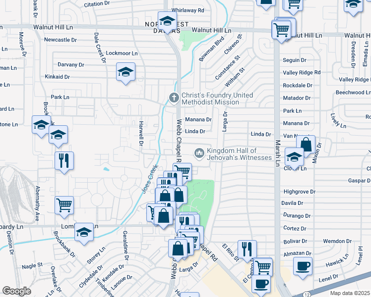 map of restaurants, bars, coffee shops, grocery stores, and more near 3411 Nogales Drive in Dallas