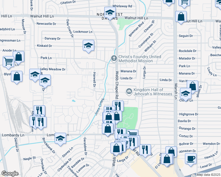 map of restaurants, bars, coffee shops, grocery stores, and more near 3307 Chapel Creek Drive in Dallas
