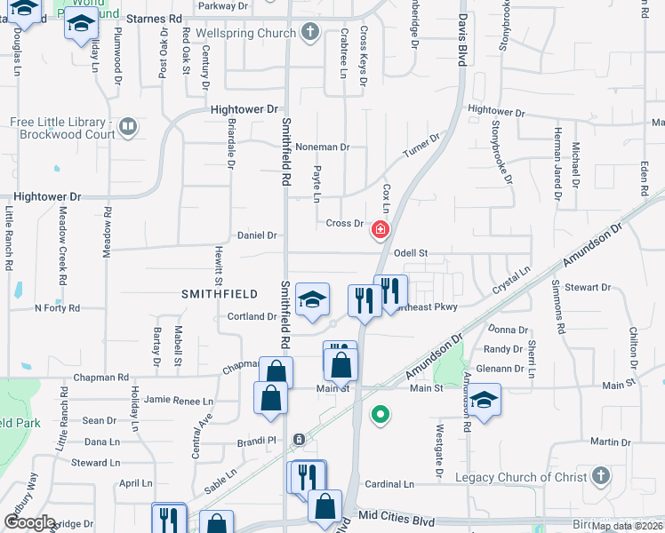 map of restaurants, bars, coffee shops, grocery stores, and more near 8000 Odell Street in North Richland Hills