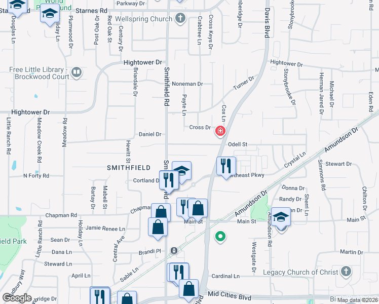 map of restaurants, bars, coffee shops, grocery stores, and more near 8000 Odell Street in North Richland Hills