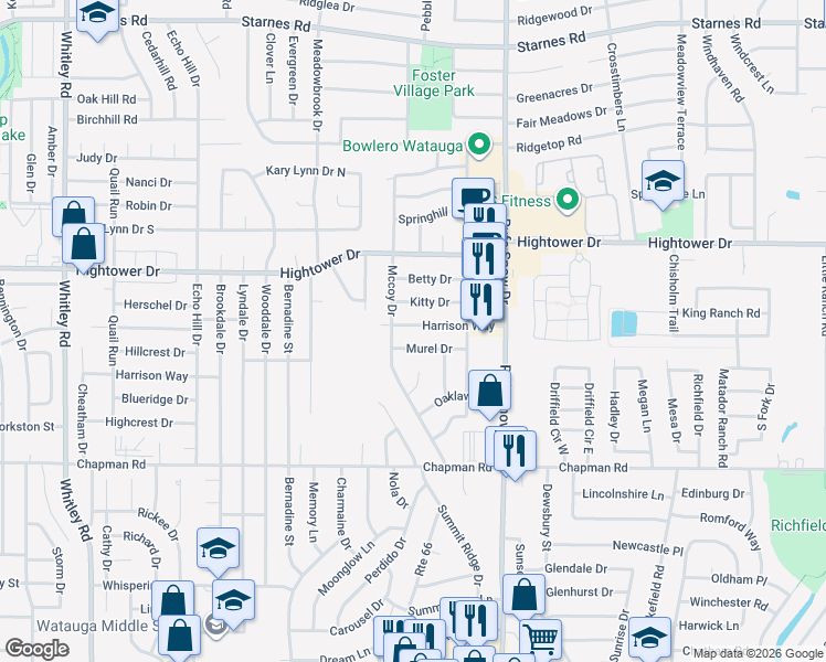 map of restaurants, bars, coffee shops, grocery stores, and more near 6601 Harrison Way in Watauga