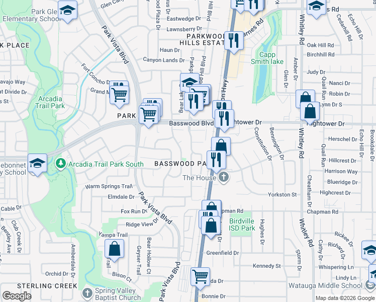 map of restaurants, bars, coffee shops, grocery stores, and more near 7313 Starwood Drive in Fort Worth