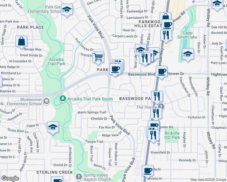 map of restaurants, bars, coffee shops, grocery stores, and more near 7301 Big Bend Court in Fort Worth