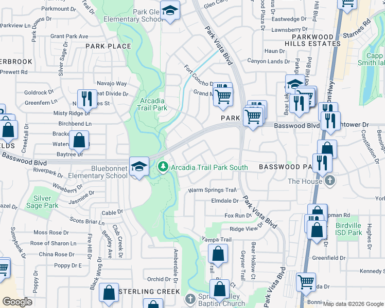 map of restaurants, bars, coffee shops, grocery stores, and more near 5129 White Sands Drive in Fort Worth