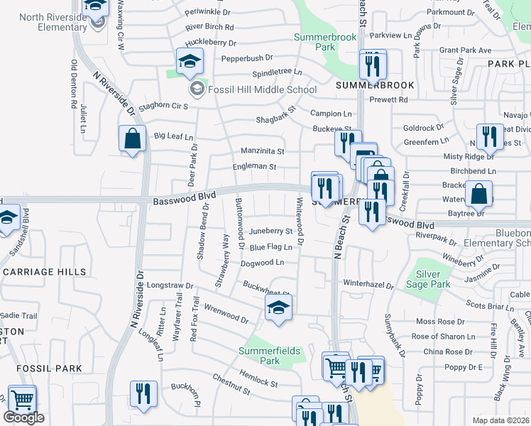 map of restaurants, bars, coffee shops, grocery stores, and more near 7308 Bristlecone Court in Fort Worth