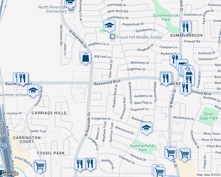 map of restaurants, bars, coffee shops, grocery stores, and more near 7321 Wayfarer Trail in Fort Worth