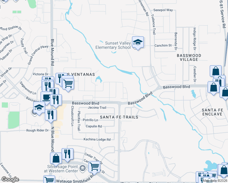 map of restaurants, bars, coffee shops, grocery stores, and more near 1957 Arroyo Verde Trail in Fort Worth