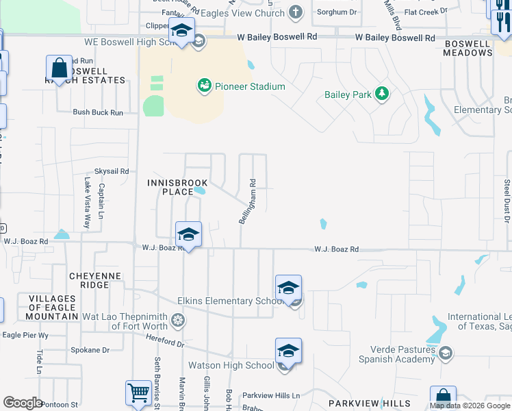 map of restaurants, bars, coffee shops, grocery stores, and more near 7629 Bellingham Road in Fort Worth