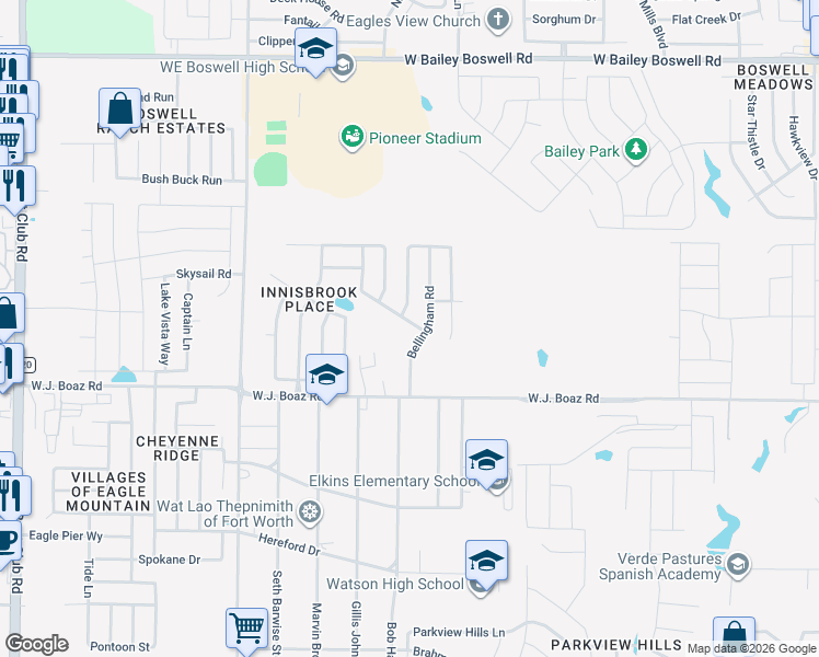 map of restaurants, bars, coffee shops, grocery stores, and more near 7629 Bellingham Road in Fort Worth