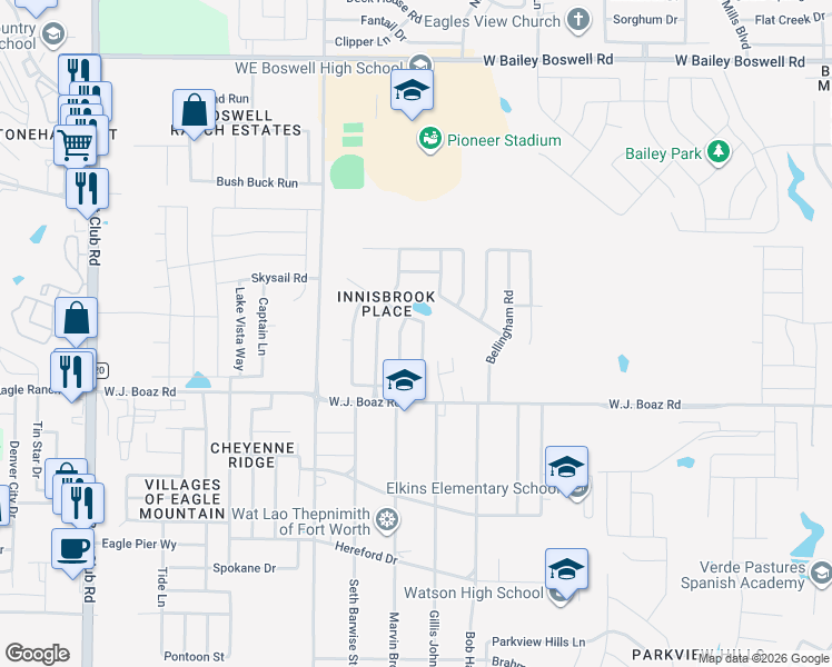 map of restaurants, bars, coffee shops, grocery stores, and more near 7452 Durness Drive in Fort Worth
