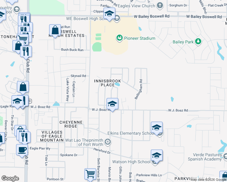map of restaurants, bars, coffee shops, grocery stores, and more near 7524 Innisbrook Lane in Fort Worth