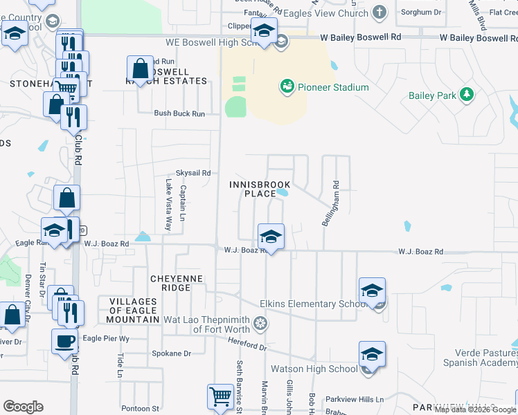 map of restaurants, bars, coffee shops, grocery stores, and more near 7524 Innisbrook Lane in Fort Worth