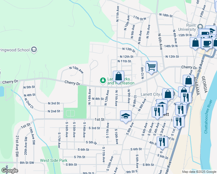map of restaurants, bars, coffee shops, grocery stores, and more near 1216 Cherry Drive in Lanett