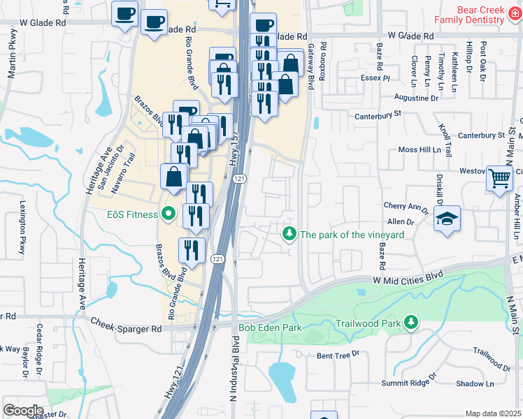 map of restaurants, bars, coffee shops, grocery stores, and more near 2500 State Highway 121 in Euless