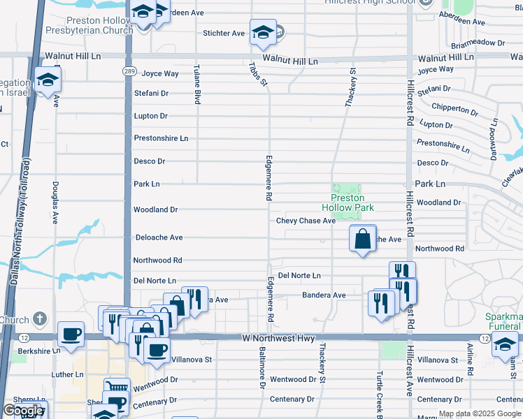 map of restaurants, bars, coffee shops, grocery stores, and more near Woodland Drive in Dallas