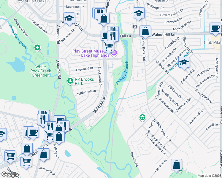 map of restaurants, bars, coffee shops, grocery stores, and more near 6910 Skillman Street in Dallas