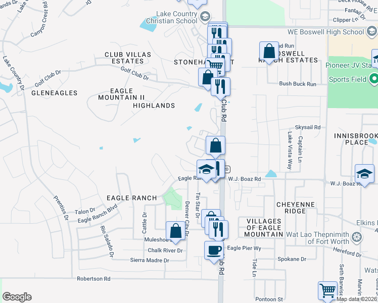 map of restaurants, bars, coffee shops, grocery stores, and more near 8235 Villa Lago Drive in Fort Worth