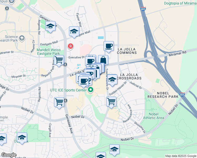 map of restaurants, bars, coffee shops, grocery stores, and more near 4577 La Jolla Village Drive in San Diego