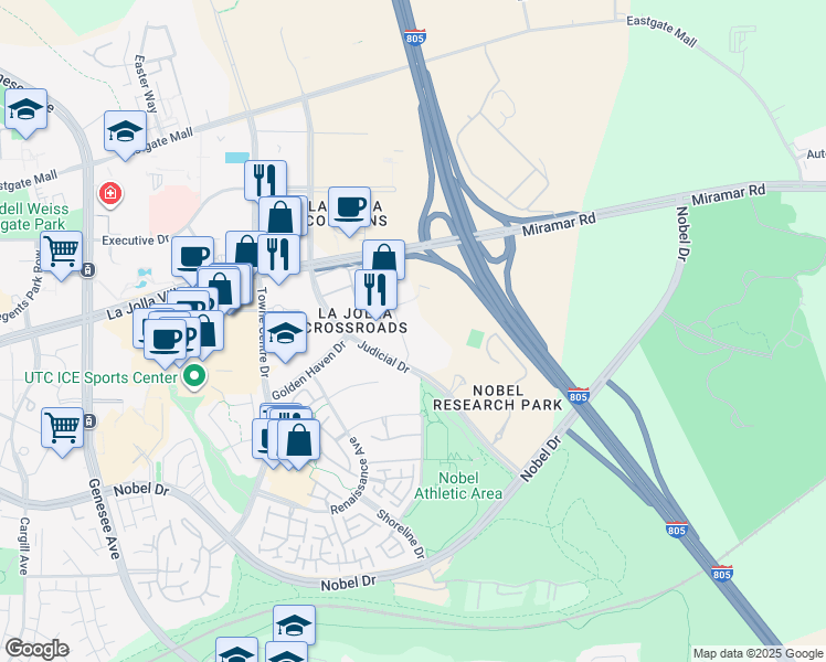 map of restaurants, bars, coffee shops, grocery stores, and more near 9025 Sydney Court in San Diego