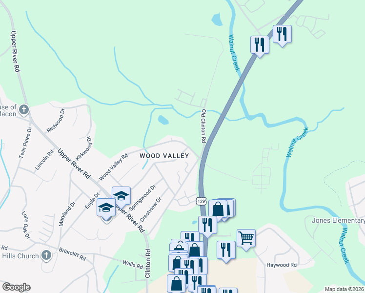 map of restaurants, bars, coffee shops, grocery stores, and more near 1972 Wood Valley Road in Macon