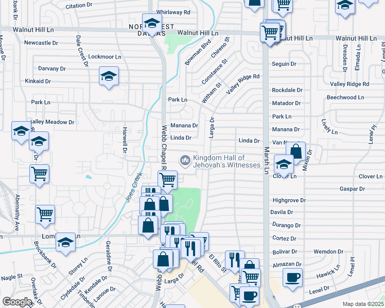 map of restaurants, bars, coffee shops, grocery stores, and more near 3514 Nogales Drive in Dallas