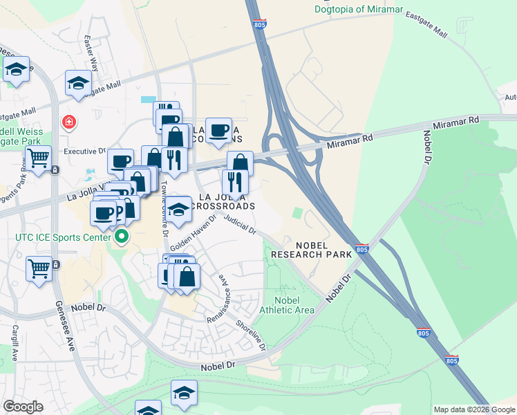 map of restaurants, bars, coffee shops, grocery stores, and more near 9025 Sydney Court in San Diego