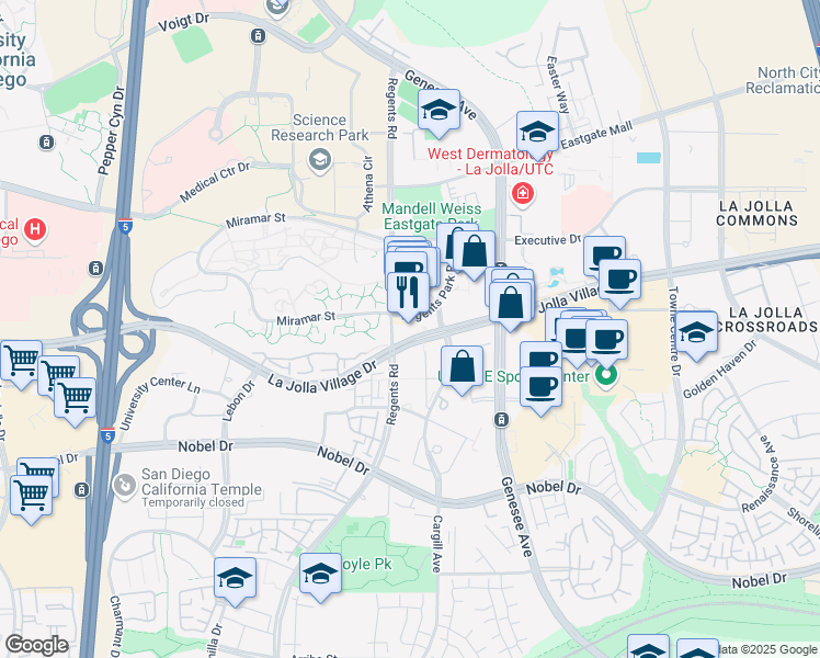 map of restaurants, bars, coffee shops, grocery stores, and more near 4130 Regents Park Row in San Diego