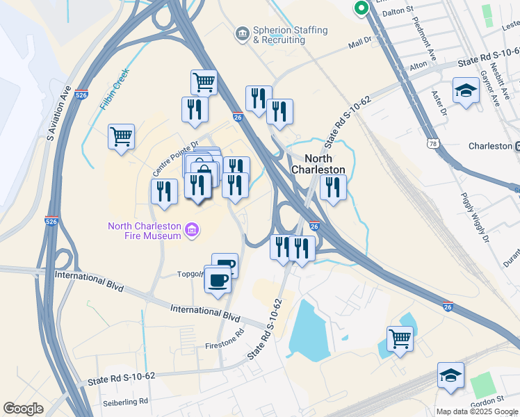 map of restaurants, bars, coffee shops, grocery stores, and more near 5045 North Arco Lane in North Charleston