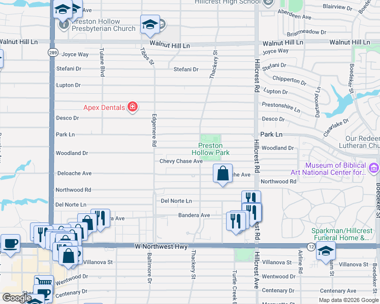 map of restaurants, bars, coffee shops, grocery stores, and more near 6539 Woodland Drive in Dallas